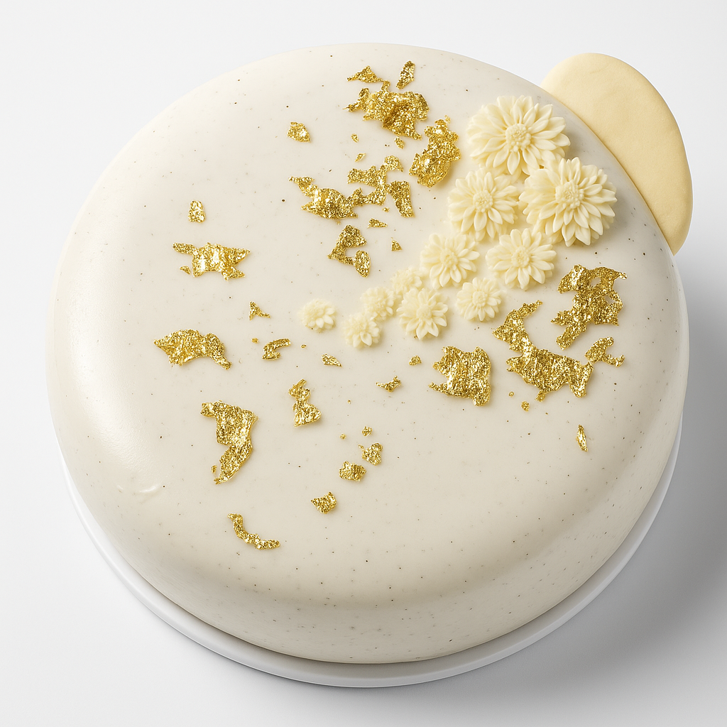 Entremet vanille, glaçage blanc, feuilles d’or et fleurs en chocolat blanc