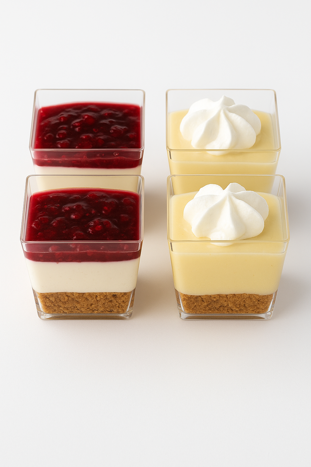 Verrines gourmandes: cheesecake spéculoos et crème citron, topping fruits rouges et chantilly